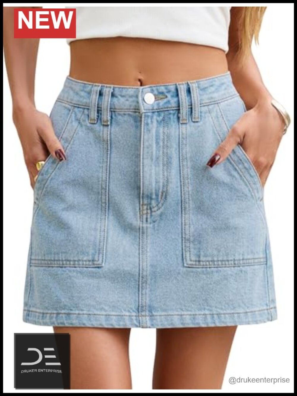 High Waisted Denim Mini Skirt with Pockets Stretch Cotton Jean Skirt